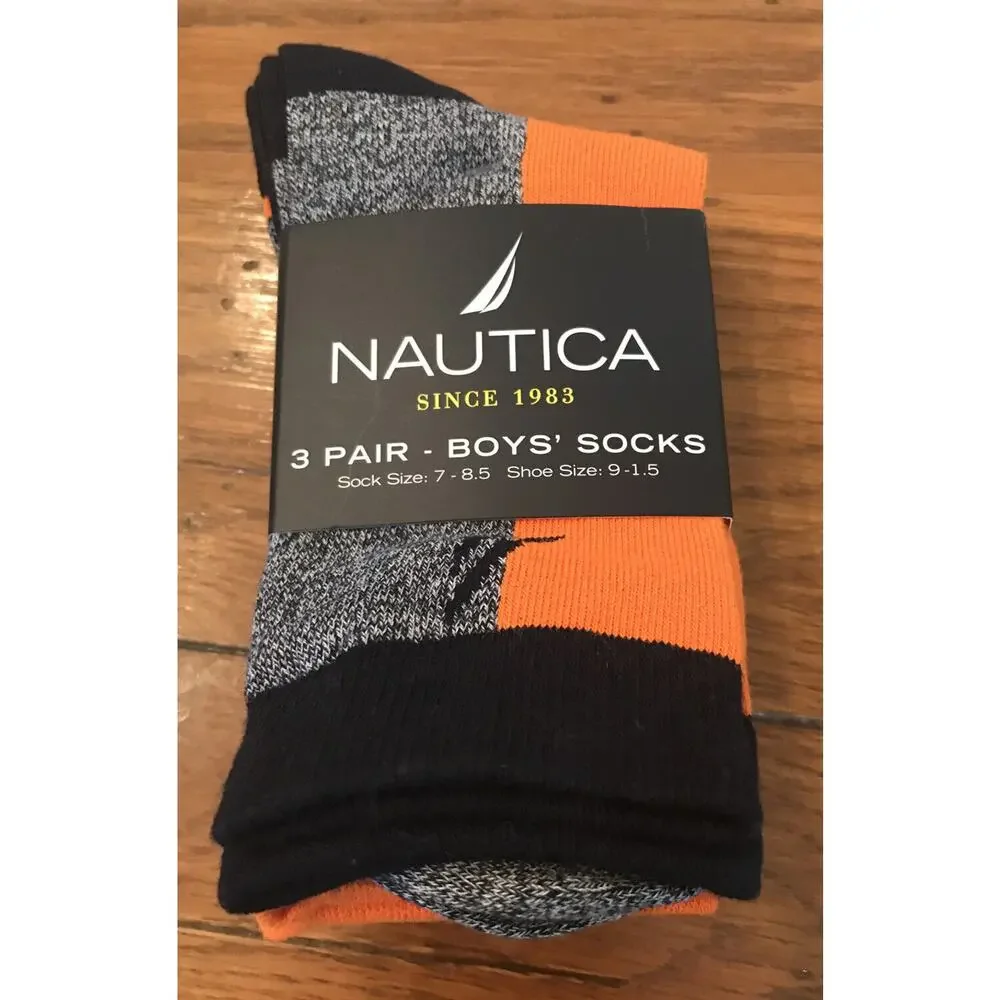 Nautica Boys New 3 Pair Crew Socks Orange Navy Blue Sock Size 7-8.5